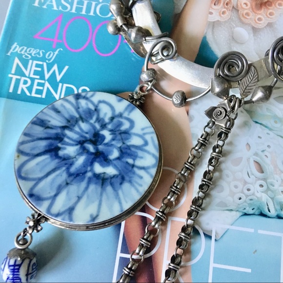 Sterling silver porcelain hanging necklace choker - Picture 4 of 12